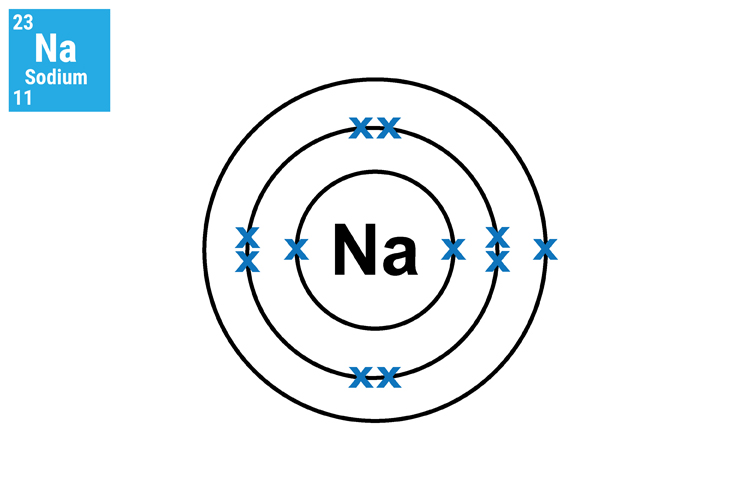 Sodium has 3 shells, the inner and middle shells are full and the outer contains one electron, it has a mass of 11
